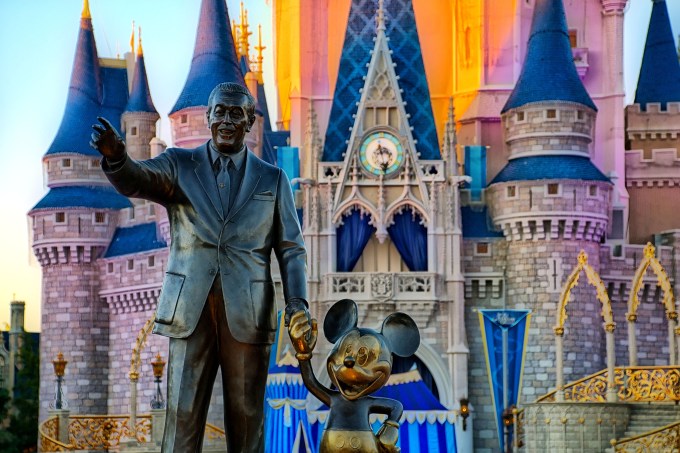 Estátua de Walt Disney e Mickey em frente ao Castelo da Cinderela, no Magic Kongdom, parque do Walt Disney World, em Orlando, Estados Unidos