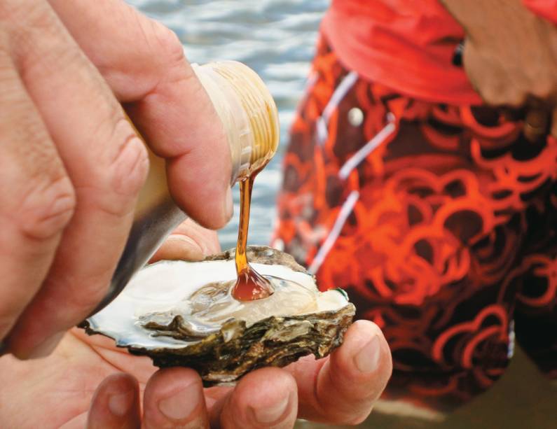 Ostra servida com azeite e mel durante passeio ao criadouro de ostras da Vila Palateia, conhecida como "paraíso das ostras"