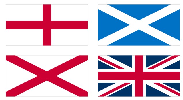 A famosa bandeira do Reino Unido, a Union Flag (também chamada de Union Jack), é a soma das bandeiras da Irlanda do Norte (com a cruz de Saint Patrick), da Inglaterra (cruz de São Jorge) e Escócia (cruz de Santo André). A insígnia não possui nenhum elemento que represente o País de Gales (anexado pela Inglaterra). A Union Flag está presente em bandeiras de outras nações do Commonwealth, como Austrália, Nova Zelândia, Fiji e Bermuda