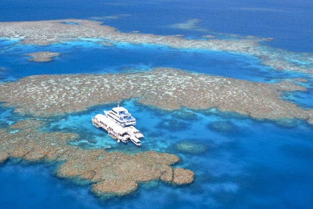 A Grande Barreira de Coral, em Queensland, Austrália, é a maior estrutura viva do planeta, com 26 mil quilômetros quadrados