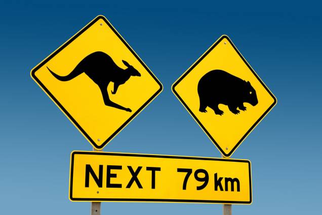 Placa avisando a presença de animais em estrada da Austrália