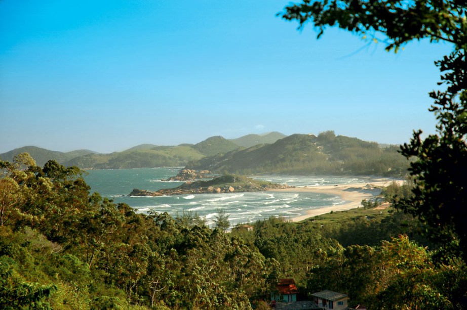 A mata e o Atlântico em proporções harmônicas na Praia da Ferrugem, em Santa Catarina