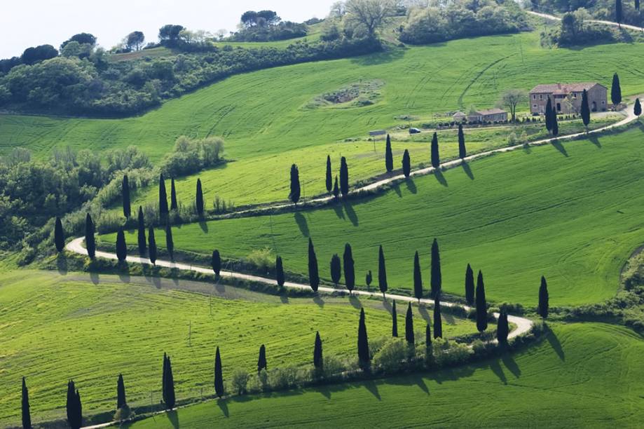 Típica paisagem rural da <strong>Toscana</strong>, com ciprestes e casas de tijolo