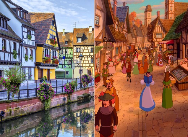 <strong>Colmar, Alsácia, <a href="https://viajeaqui.abril.com.br/paises/franca" rel="França" target="_self">França</a> (<em>A Bela e a Fera</em>)</strong>    A princesa fascinada por livros vem de um pequeno e charmoso vilarejo francês, inspirado na cidade de Colmar. Antes de ser aprisionada em um castelo enfeitiçado, cujo dono é um príncipe transformado em besta por causa de seu comportamento arrogante e egoísta, ela percorria as ruas do lugar com seus melhores companheiros. Vai dizer que você não sentia vontade de passar por uma biblioteca local e comer um pão quentinho que saía da padoca?    <em><a href="https://www.booking.com/city/fr/colmar.pt-br.html?aid=332455&label=viagemabril-destinos-inspiradores-dos-estudios-disney" rel="Veja preços de hotéis em Colmar no Booking.com" target="_blank">Veja preços de hotéis em Colmar no Booking.com</a></em>