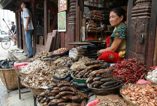 <strong>Khatmandu, Nepal </strong>(cont.)Senhora vendendo produtos no mercado de Khatmandu