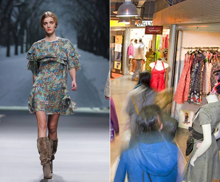 A Cibeles Madrid Fashion Week (à esq.) tem se consolidado como um dos mais importantes eventos de moda da Europa, que compete com os conceituados de Milão, Paris e Nova York. A 53ª edição, que aconteceu em fevereiro de 2012, trouxe à passarela as coleções de Outono/Inverno de 45 estilistas espanhóis. Em Madri, com menos de 100 euros no bolso, é possível renovar o guarda-roupa e comprar as últimas tendências da moda em lojas de grife como a Zara. O Mercado de Fuencarral (à dir.) também reserva bons achados, que vão de roupas e acessórios alternativos aos mais sofisticados. A Cibeles Madrid Fashion Week (à esq.) tem se consolidado como um dos mais importantes eventos de moda da Europa, que compete com os conceituados de Milão, Paris e Nova York. A 53ª edição, que aconteceu em fevereiro de 2012, trouxe à passarela as coleções de Outono/Inverno de 45 estilistas espanhóis. Em Madri, com menos de 100 euros no bolso, é possível renovar o guarda-roupa e comprar as últimas tendências da moda em lojas de grife como a Zara. O Mercado de Fuencarral (à dir.) também reserva bons achados, que vão de roupas e acessórios alternativos aos mais sofisticados.
