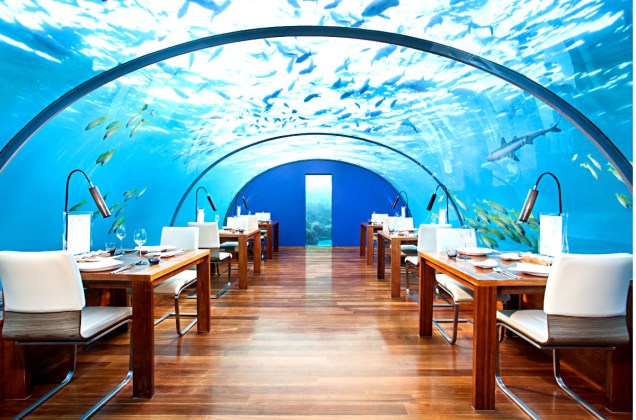 O <a href="https://www.booking.com/hotel/mv/conrad-maldives-rangali-island.pt-br.html?aid=332455&label=viagemabril-hoteisflutuantes" rel="resort" target="_blank">resort</a> é melhor conhecido por abrigar o primeiro restaurante subaquático do mundo com paredes de vidro. Ou seja: lá de dentro, é possível apreciar um bom almoço observando os peixes do lado de fora.
