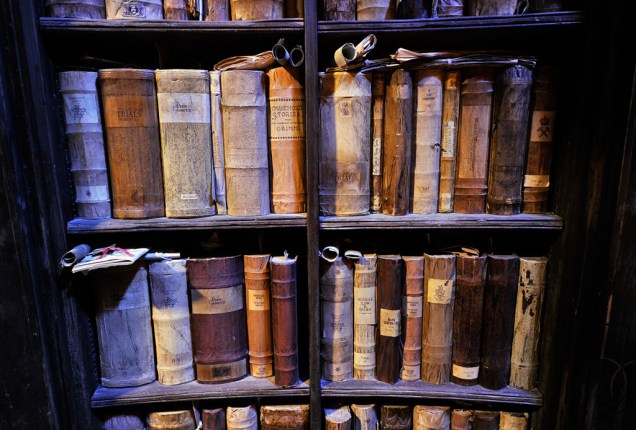 Lembra do filme? As prateleiras de livros da sala do professor Dumbledore são empoeiradas assim. 