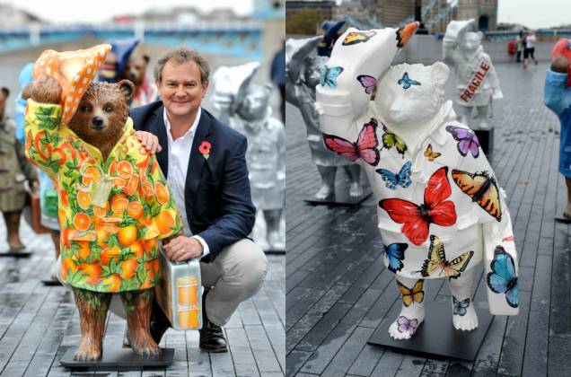 O ator Hugh Bonneville, um dos protagonistas do filme, com sua criação, e o urso estilizado pela atriz Emma Watson O ator Hugh Bonneville, um dos protagonistas do filme, com sua criação, e o urso estilizado pela atriz Emma Watson
