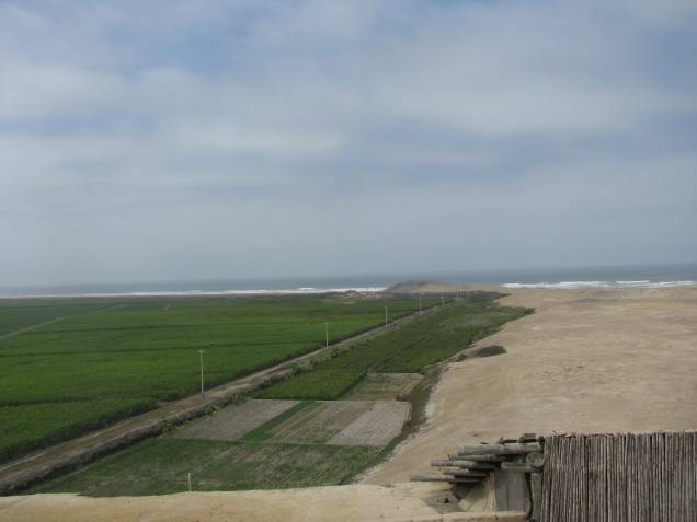 Vista do entorno de El Brujo: plantação de cana de açúcar e o deserto de frente para o Oceano Pacífico na costa norte do Peru Vista do entorno de El Brujo: plantação de cana de açúcar e o deserto de frente para o Oceano Pacífico na costa norte do Peru