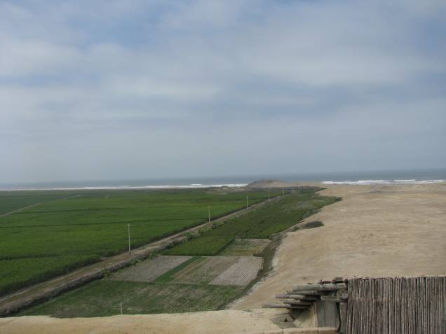 Vista do entorno de El Brujo: plantação de cana de açúcar e o deserto de frente para o Oceano Pacífico na costa norte do Peru
