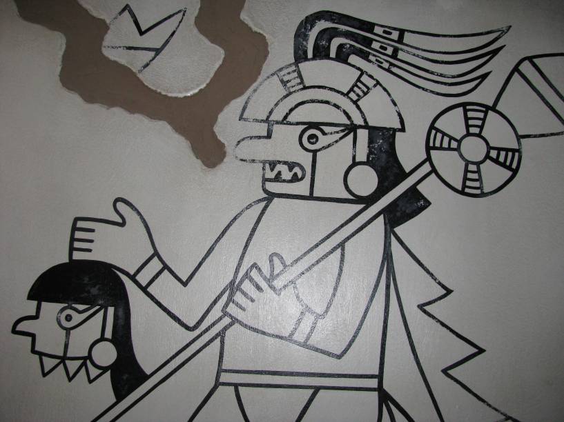 Pintura mostra guerreiro sicán com arma e a cabeça de um inimigo na mão