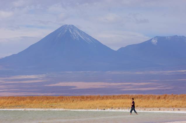 A salgada Laguna Cejar fica ao sul de San Pedro de Atacama. Sua água de alta salinidade faz com que quem mergulhe nela não afunde