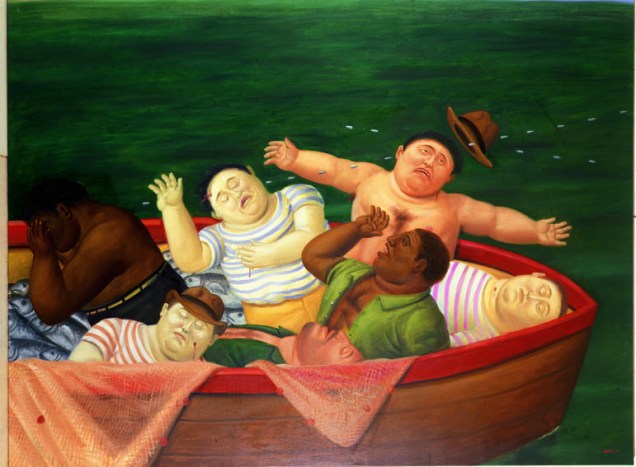 Botero denuncia, com cores vibrantes, a violência que sofreu o povo colombiano, como em <em>Masacre de Ciénaga Grande</em> (2001)