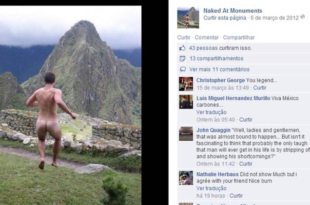 No Facebook: uma página exclusiva para os registros de viajantes nus em pontos turísticos