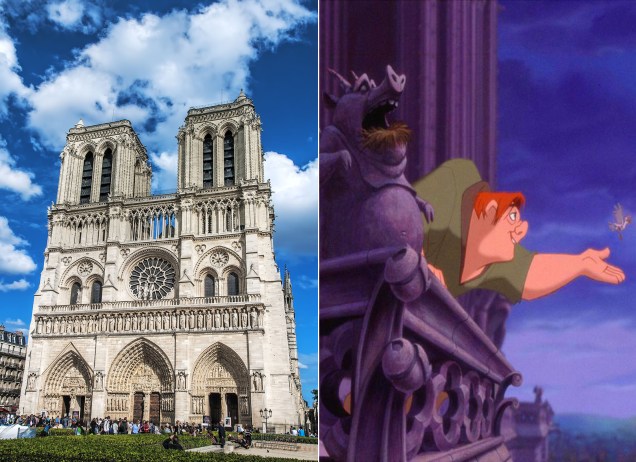 <strong><a href="https://viajeaqui.abril.com.br/estabelecimentos/franca-paris-atracao-catedral-de-notre-dame" rel="Catedral de Notre Dame" target="_self">Catedral de Notre Dame</a>, <a href="https://viajeaqui.abril.com.br/cidades/franca-paris" rel="Paris" target="_self">Paris</a>, <a href="https://viajeaqui.abril.com.br/paises/franca" rel="França" target="_self">França</a> (<em>O Corcunda de Notre Dame</em>)</strong>        Os sinos da mais importante igreja da capital francesa inspiraram a figura do personagem Quasímodo, um corcunda adotado pelo vigário e ministro Frollo, qua habita os esconderijos da catedral. As cores do mundo cigano, sobretudo nas vestes da linda Esmeralda, trazem um pouco de alegria para a triste história do homem, órfão de mãe depois de uma emboscada provocada pelo homem que o adotou. Críticas à nobreza ficam nítidas tanto no conto de Victor Hugo quanto no filme        <a href="https://www.booking.com/city/fr/paris.pt-br.html?aid=332455&label=viagemabril-destinos-inspiradores-dos-estudios-disney" rel="Veja preços de hotéis em Paris no Booking.com" target="_blank"><em>Veja preços de hotéis em Paris no Booking.com</em></a>