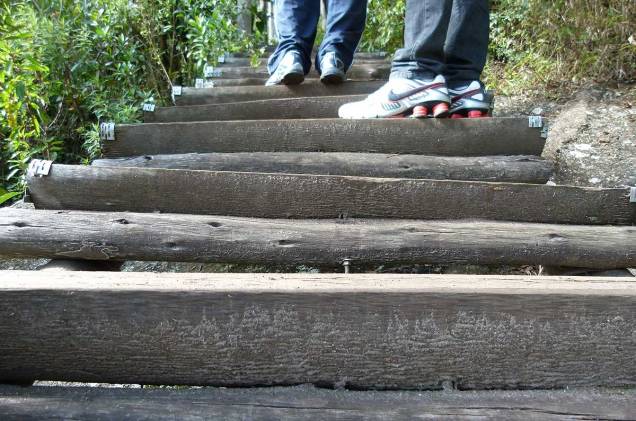 Em alguns trechos da trilha, escadas de madeira com corrimão ajudam os menos preparados fisicamente