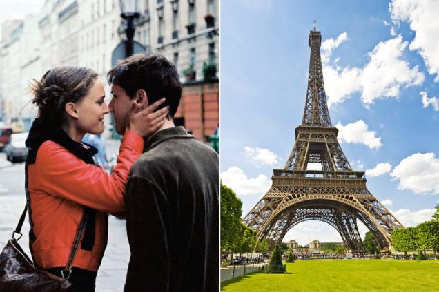 <strong>Paris, Te Amo <a href="http://viajeaqui.abril.com.br/cidades/franca-paris" rel="(Paris, França)">(Paris, França)</a></strong><br />      O filme é uma seleção de 20 curtas com 5 minutos de duração cada um e dois temas em comum: amor e Paris. As diversas histórias são retratadas em toda a capital francesa, em locações como o bairro <strong>Montmartre</strong>, que dá nome ao primeiro recorte, e a <strong>Rue Du Faubourg-Saint-Denis</strong>, título e cenário do curta estrelado por Natalie Portman (na foto, à esq.). Já a <strong>Torre Eifel</strong>, claro, tem um roteiro só dela e fecha, toda iluminada, a cena final do longa