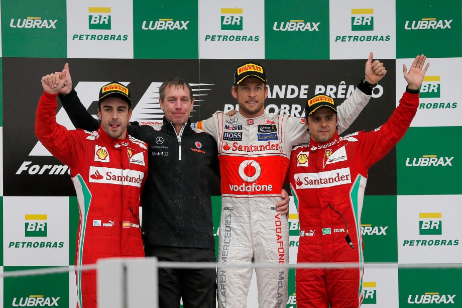 Fernando Alonso, Jenson Button e Felipe Massa no pódio do GP Brasil de Fórmula 1 2012, no Autódromo de Interlagos, em São Paulo