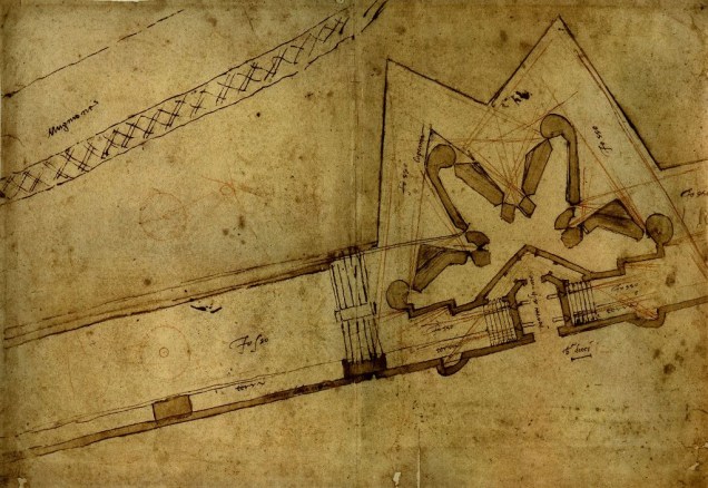 <em>Estudo de fortificação para Porta al Prato</em>, de Michelangelo (lápis, bico de pena e aquarela sobre papel, 1529-30)