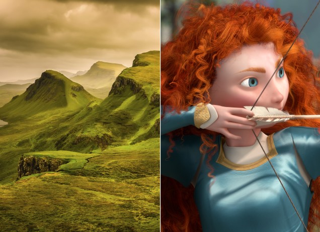 <strong><a href="https://viajeaqui.abril.com.br/cidades/reino-unido-highlands" rel="Highlands" target="_blank">Highlands</a>, <a href="https://viajeaqui.abril.com.br/paises/escocia" rel="Escócia" target="_self">Escócia</a> (<em>Valente</em>)</strong>Quem disse que toda princesa precisa se casar e viver feliz para sempre? Merida, com sua cabeleira ruiva despenteada, prova que a vida não tem nada disso. E é claro: cavalgar e jogar arco e flecha é muito mais legal! O filme, ambientando nos belos cenários naturais escoceses, aborda a relação amorosa e, por vezes, conturbada entre mãe e filha. Para tentar convencer a Rainha de que não precisa de um marido, ela acaba transformando-a acidentalmente em um urso - o mais elegante do Reino, é claro<em><a href="https://www.booking.com/city/gb/inverness.pt-br.html?aid=332455&label=viagemabril-destinos-inspiradores-dos-estudios-disney" rel="Veja preços de hotéis próximos às Terras Altas no Booking.com" target="_blank">Veja preços de hotéis próximos às Highlands no Booking.com</a></em>