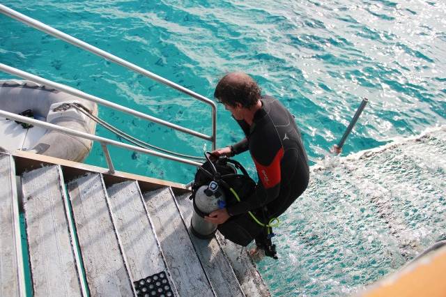 Mergulhador prepara-se para explorar o pedacinho mais abundante da Barreira de Corais