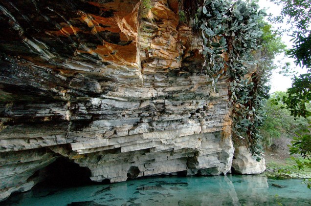 Gruta da Pratinha, um rio de água azul-clarinha que brota de dentro da gruta formando uma enorme praia Gruta da Pratinha, um rio de água azul-clarinha que brota de dentro da gruta formando uma enorme praia