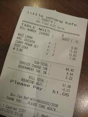 Outra delícia: a conta. Um jantar para 2 num restaurante baladado cheio de gente bonita, Little Penang Kafe, saiu por 10 euros