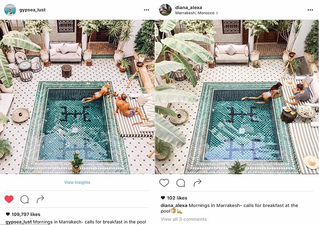 O clique da piscina em hotel de luxo do Marrocos tem algumas variações, mas não podemos dizer que a blogueira da direita foi original