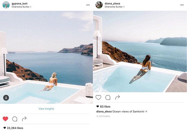 A mesma pose na mesma piscina de borda infinita em Oia, na ilha de Santorini, Grécia