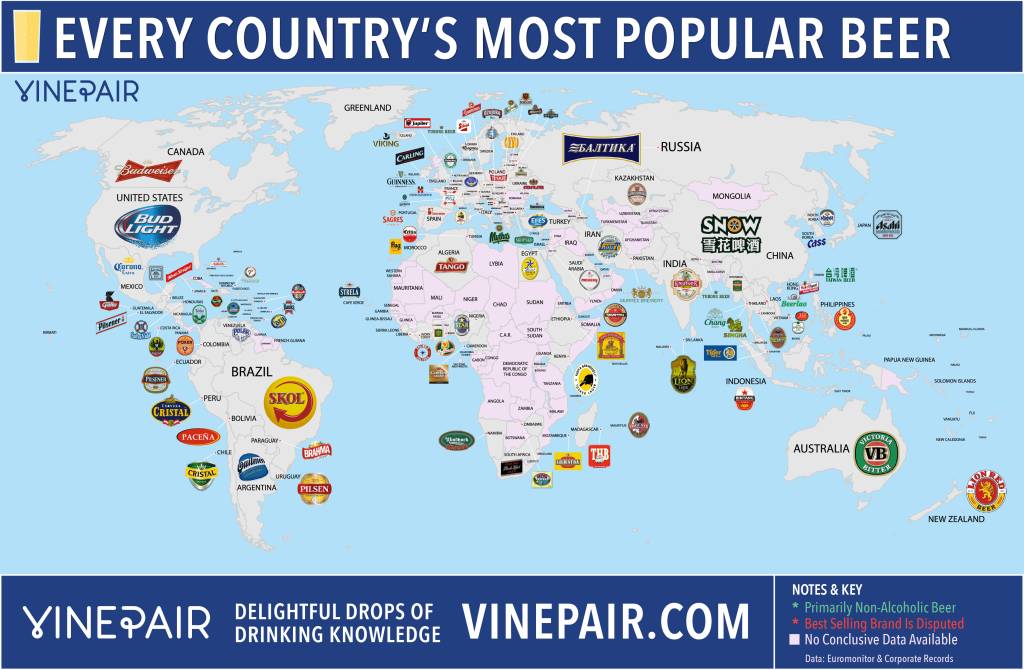 Mapa que mostra as cervejas mais populares nos países em que a cerveja é popular