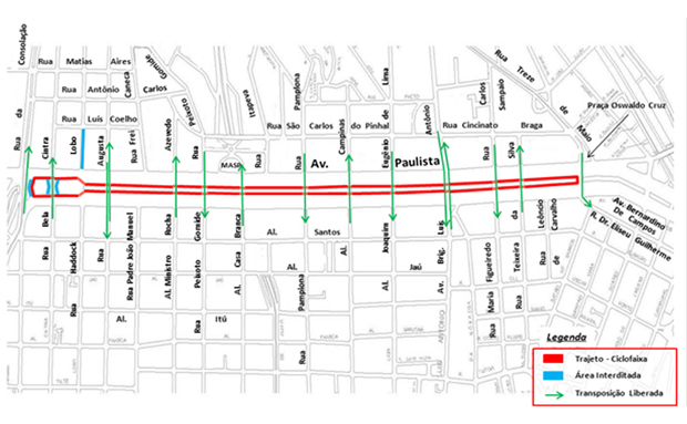 Durante o horário de funcionamento da ciclofaixa da Paulista motoristas devem ficar atentos aos bloqueios da rua Haddock Lobo, entre a Paulista e a rua Luís Coelho, e dos retornos existentes na Paulista junto às ruas da Consolação e Bela Cintra (sinalizados no mapa em azul)
