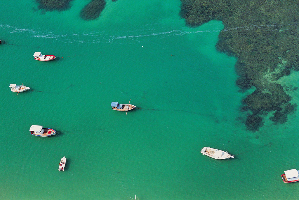 Vista aérea de Porto de Galinhas. Barcos e jangadas levam o turista até as piscinas naturais do local