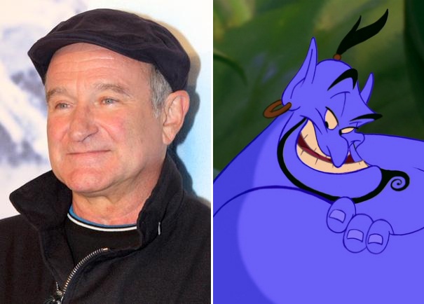 A voz que nunca será esquecida! :) (Fotos: à direita, Robin Williams | Wikimedia Commons | Creative Commons | Eva Rinaldi; Gênio | Filme Aladdin)