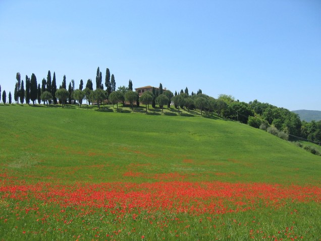 As suaves e coloridas colinas da Toscana sob o sol da primavera