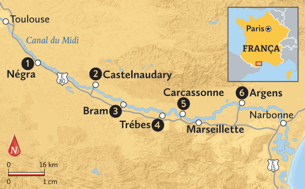 Mapa do Canal du Midi, na França