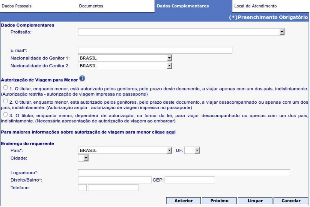 aba-dados-complementares-do-site-da-policia-federal-passaporte Tela com informações sobre a retirada de passaporte para menor de idade