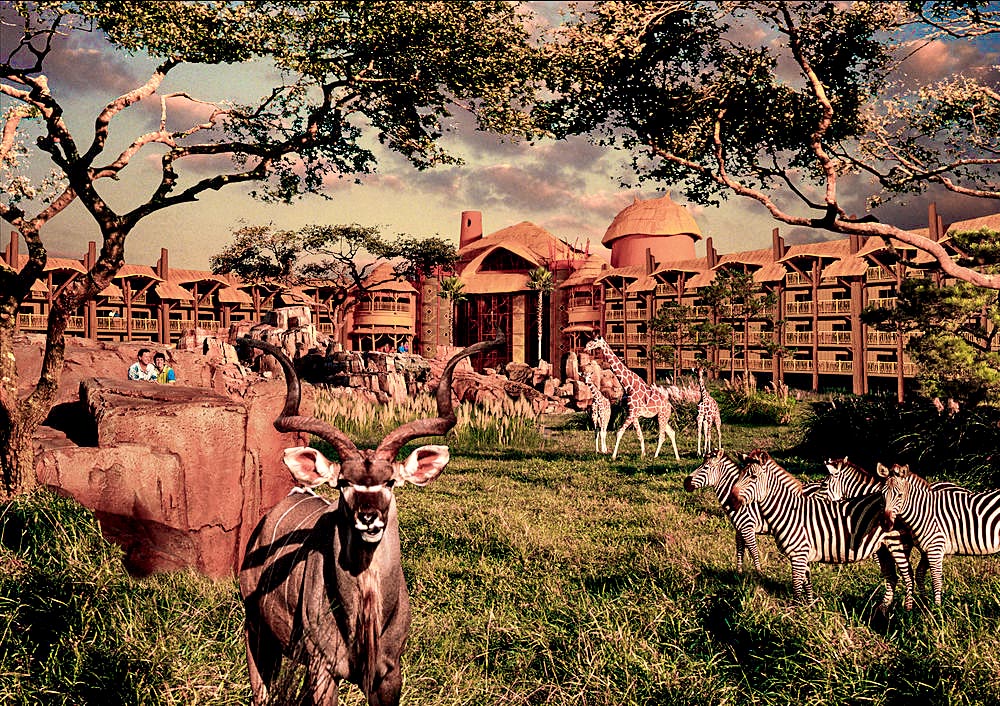 Zebras, girafas e cervos espalham-se por um gramado na frente de um complexo de prédios