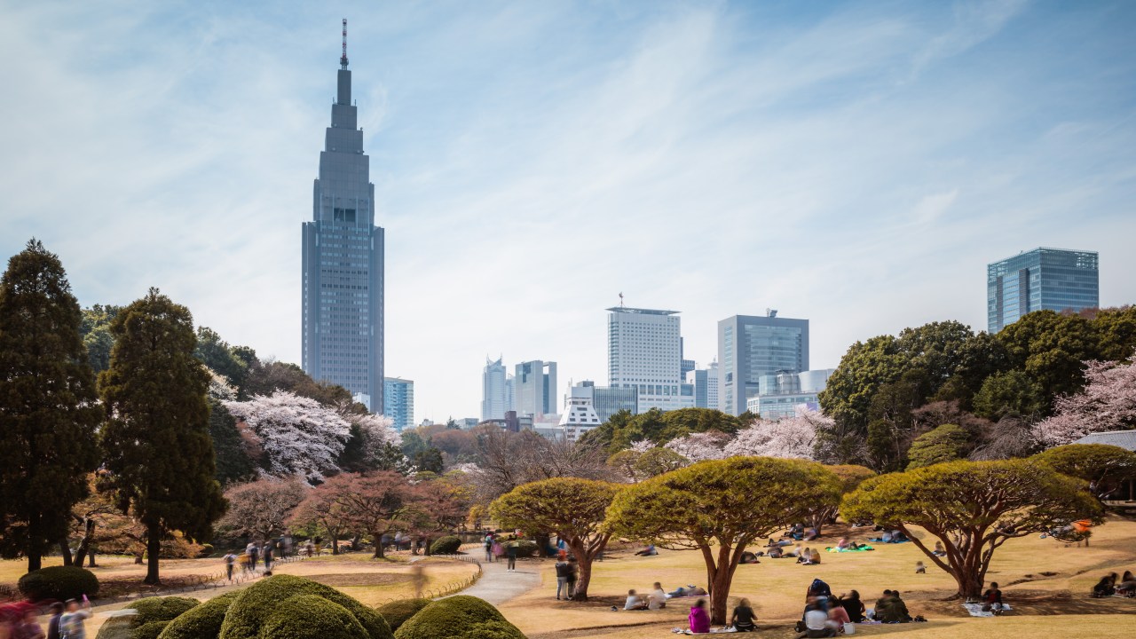 Visitantes passeiam pelo Shinjuku Gyoen, parque nacional localizado em meio aos arranha-céus de Tóquio, no Japão