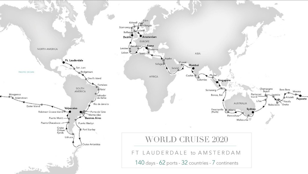 O itinerário do World Cruise 2020 passa por 32 países, em todos os continentes