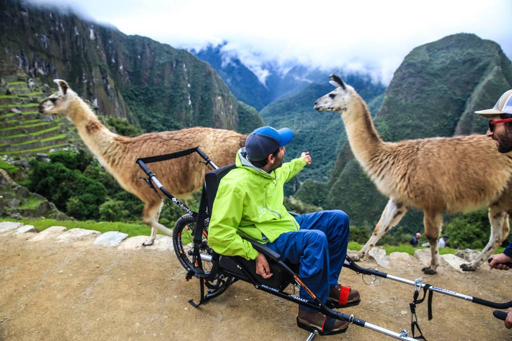 Cadeirante com lhamas em Machu Picchu, Cusco, Peru