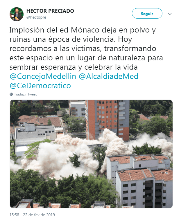 Tweet do vereador de Medellin falando sobre a implosão do Edifício Mônaco