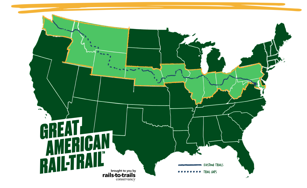 Mapa com trilha da Great American Rail-Trail