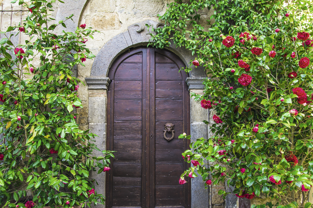 Uma das portas decoradas com flores em Civita di Bagnoregio