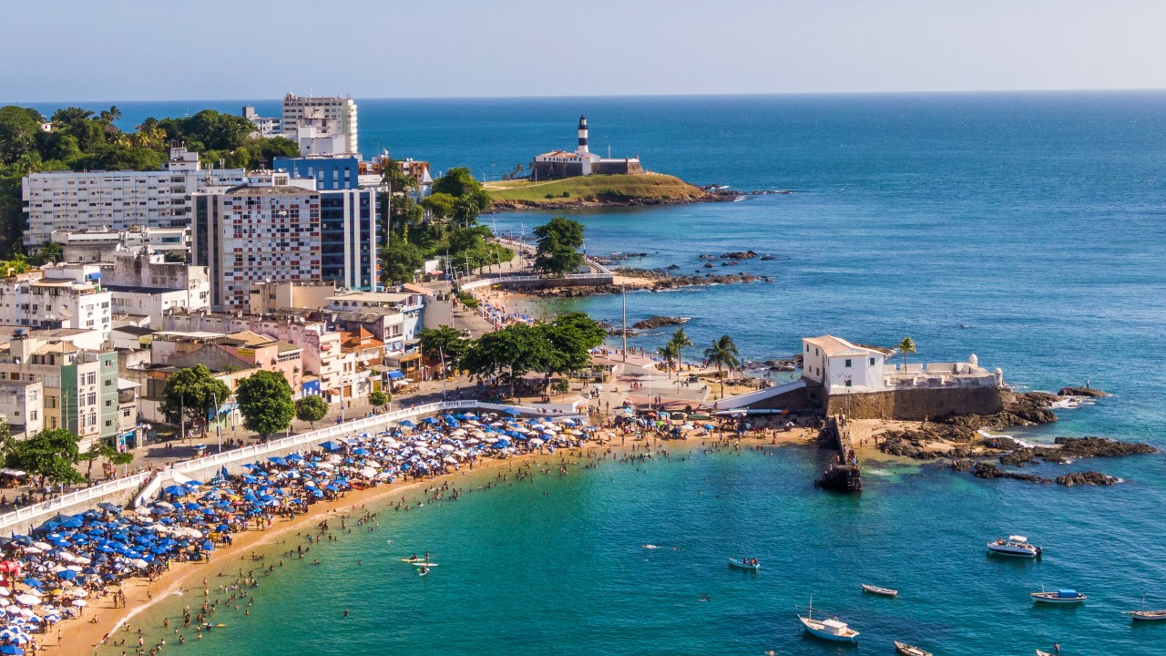 Salvador da Bahia, Brazil, Aerial View of Porto da Barra Beach and Barra Lighthouse