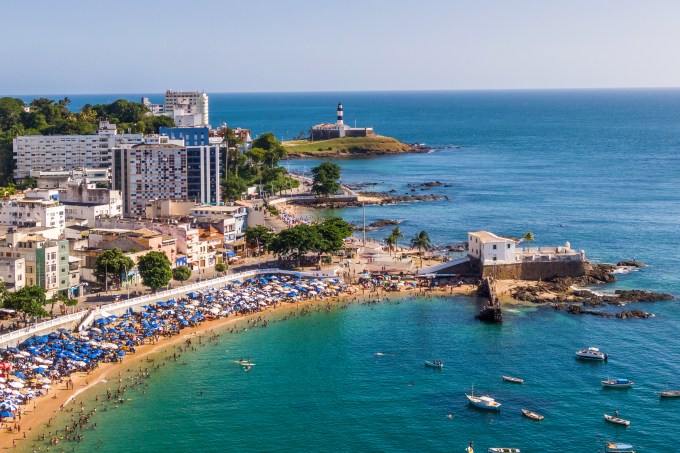 Salvador da Bahia, Brazil, Aerial View of Porto da Barra Beach and Barra Lighthouse