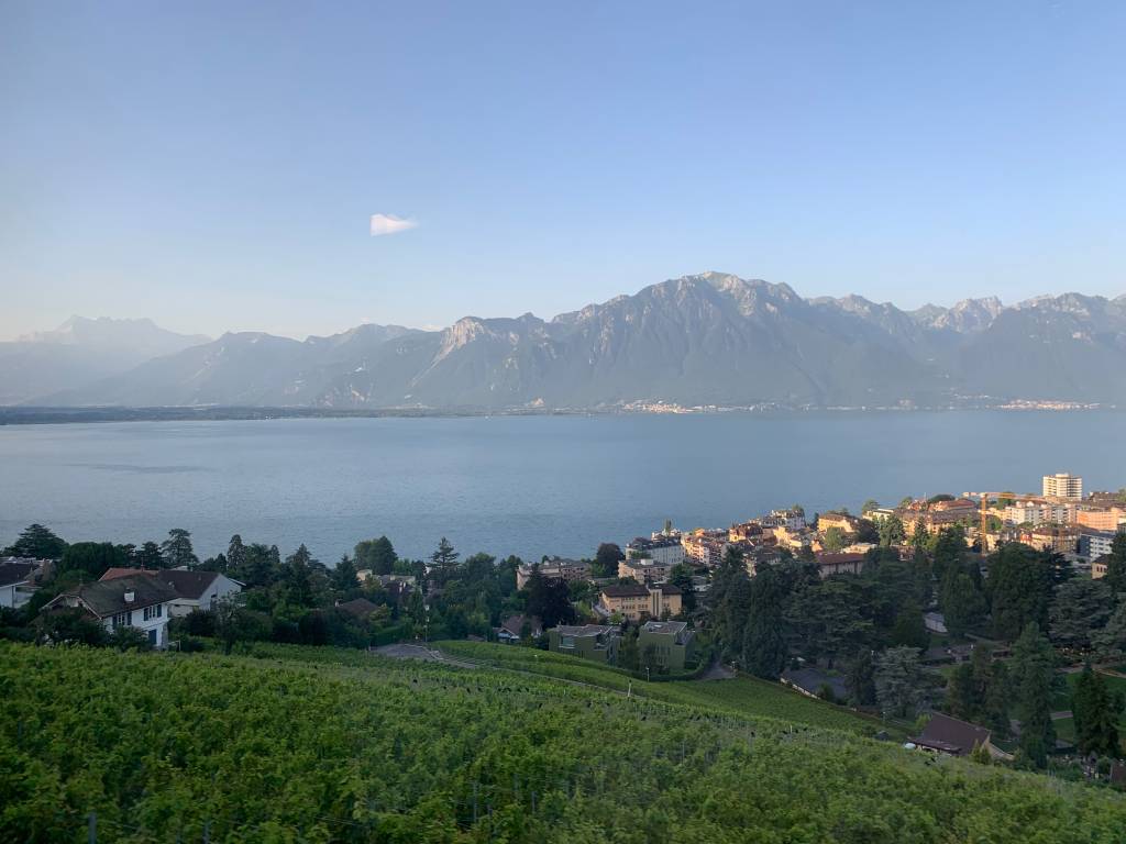 Vinhedos e o lago Genebra quando o GoldenPass vai deixando Montreux