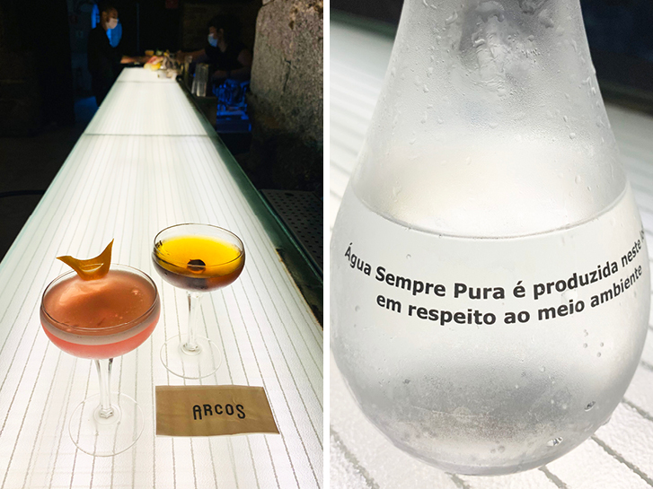 Dupla de fotos: bebidas em tom âmbar sobre mesa iluminada e jarra de água com a frase: "Água sempre pura é produzida...em respeito ao meio ambiente".
