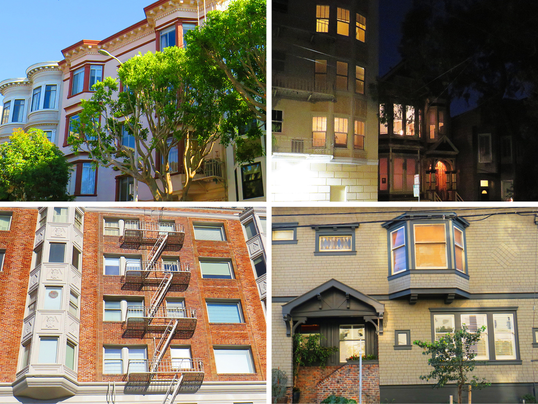 Mosaico de quatro imagens com fachadas típicas da cidade de São Francisco e suas janelas charmosas