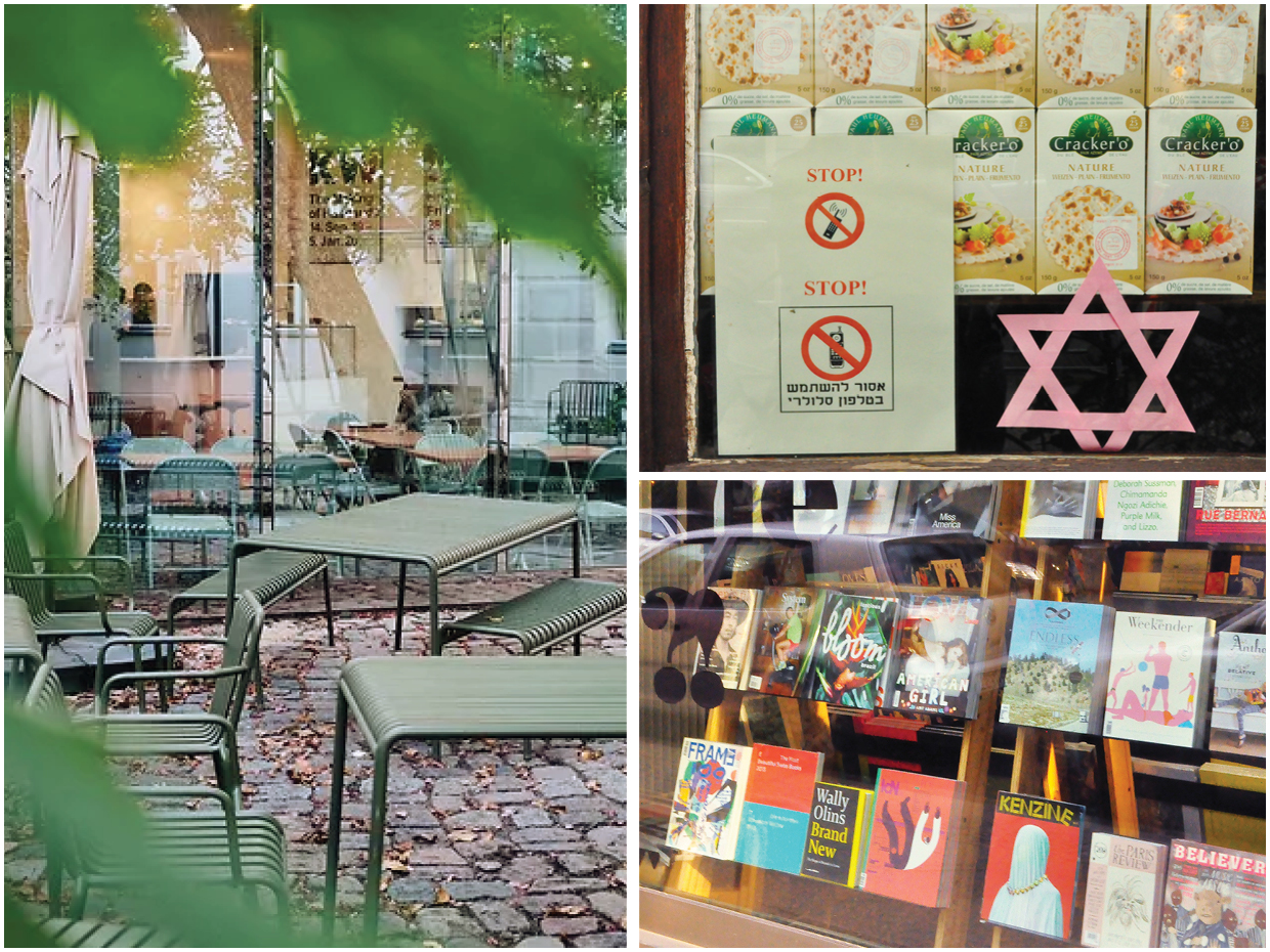 Trio de imagens: O Café Bravo com área fechada envidraçada, vegetação, mesas e cadeiras em metal verde. Placas com escritos em hebraico na vitrine de uma mercearia e fachada da livraria Do You Red Me.